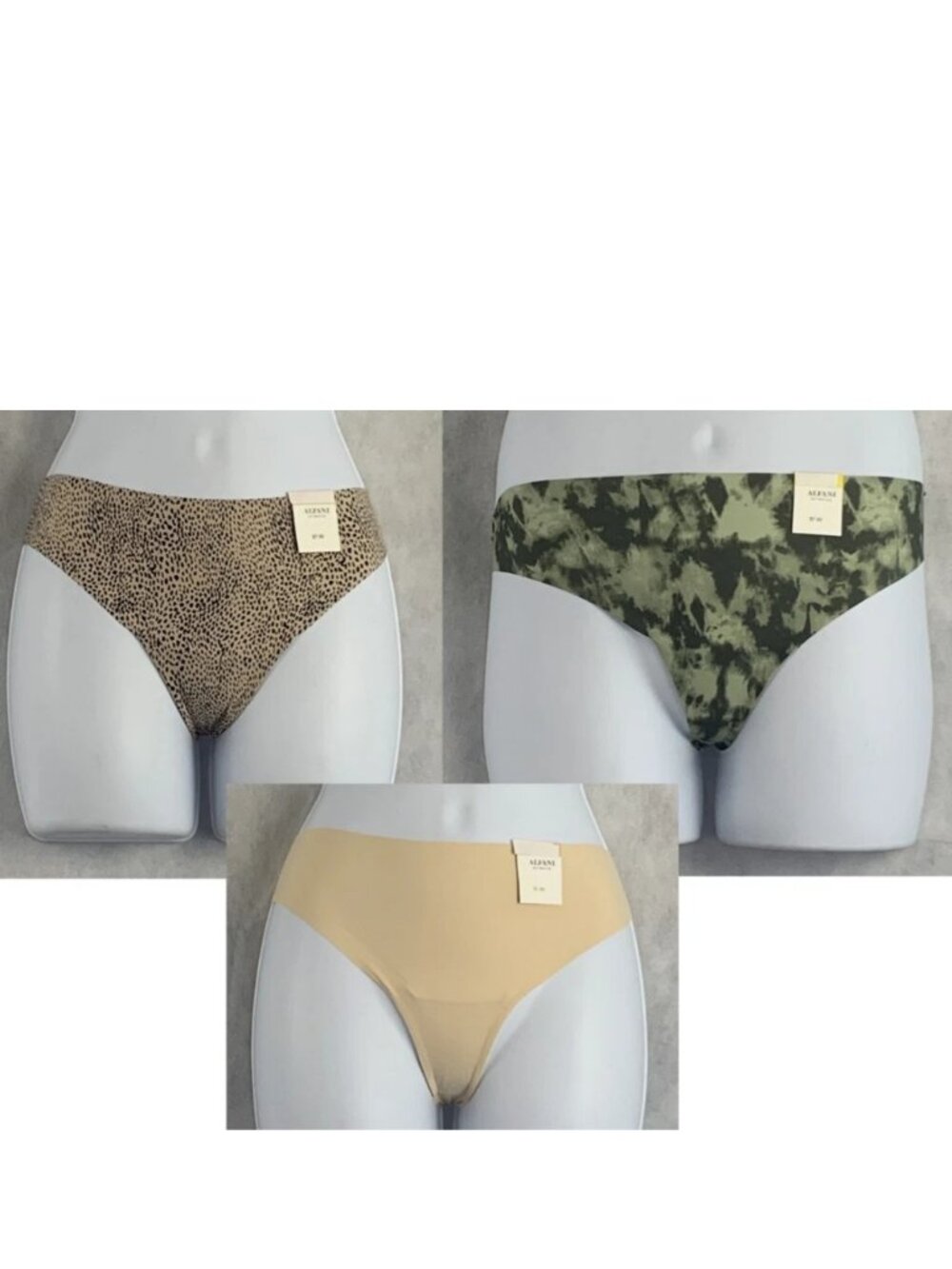 Alfani Women's 3-Pack Laser-Cut Thong Panty Underwear, Cheetah Green Beige, XL